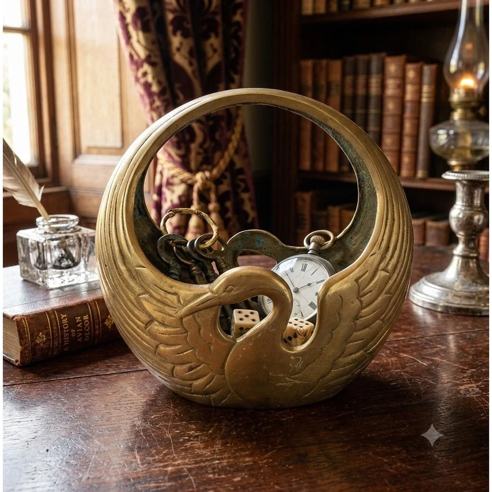 Vintage Solid Brass Swan Basket Decorative Catchall Bowl Hollywood Regency Gold